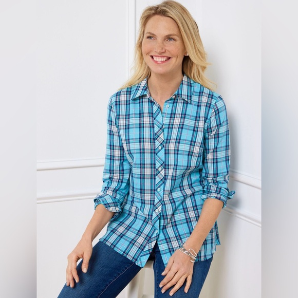 TALBOTS M S Festive Plaid Cotton Button Front Shirt • Dark Turquoise Metallic - Picture 9 of 11
